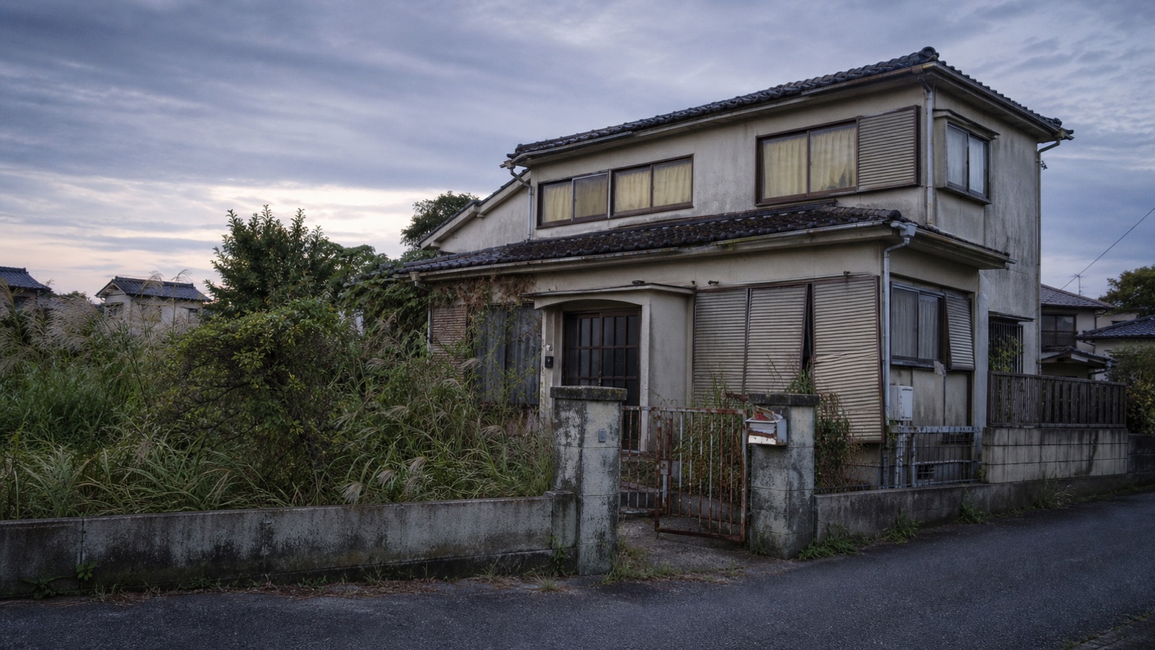 郊外の戸建ての空き家を、敷地外の道路側から斜め引き構図で捉えた薄暮の外観。庭の雑草が膝丈以上に伸び、雨戸が閉まり、郵便受けが広告物で溢れている。