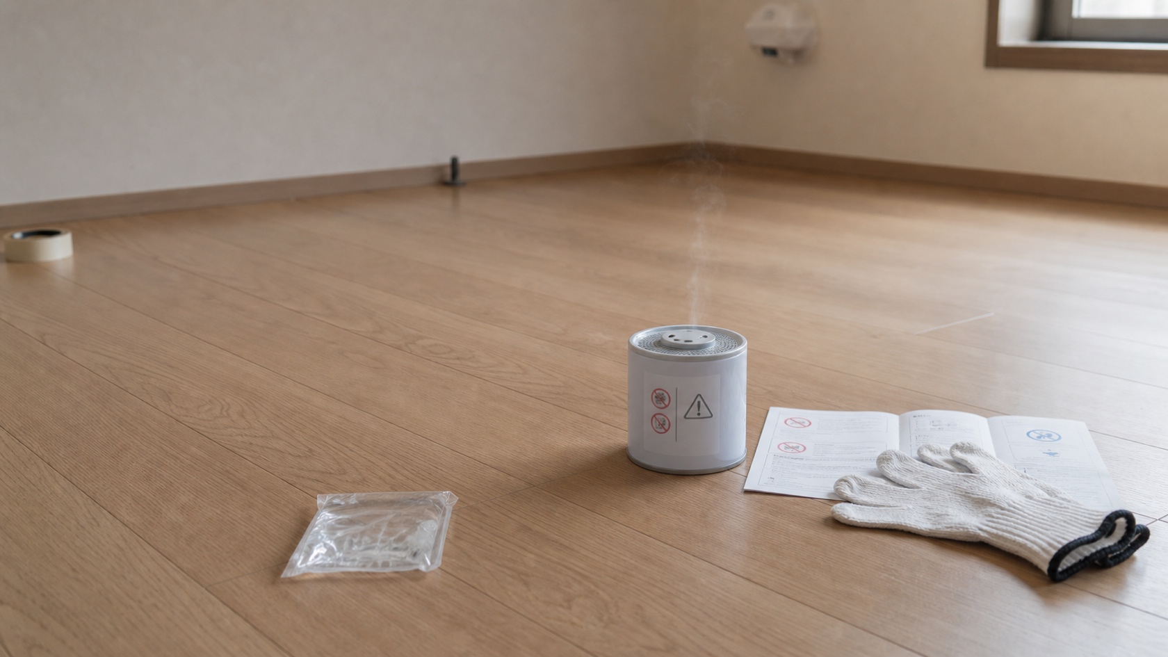 日本の住宅のフローリングに置かれた家庭用燻煙缶のローアングル斜俯瞰。缶の上部から極めて控えめな微煙がうっすらと立ち上り、奥の天井に養生カバーをかけた煙感知器がぼんやり見える、燻煙開始直前の静かな室内写真。