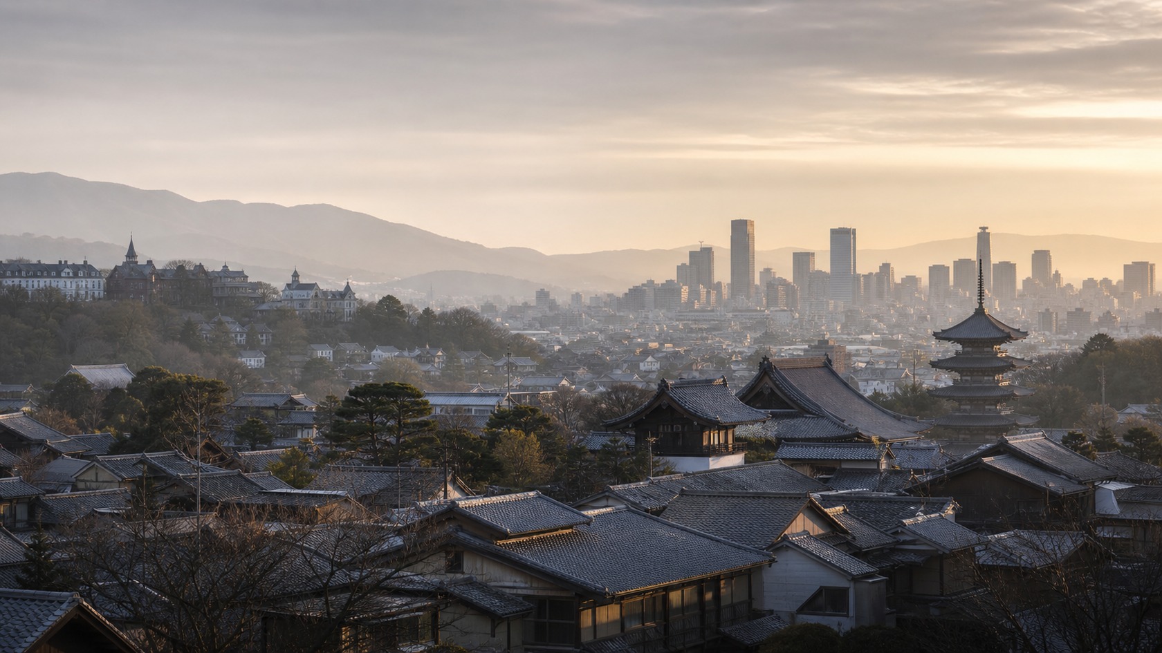 関西の風景。京都の町家、神戸 北野異人館街、大阪の繁華街が広がる3層レイヤード俯瞰写真。
