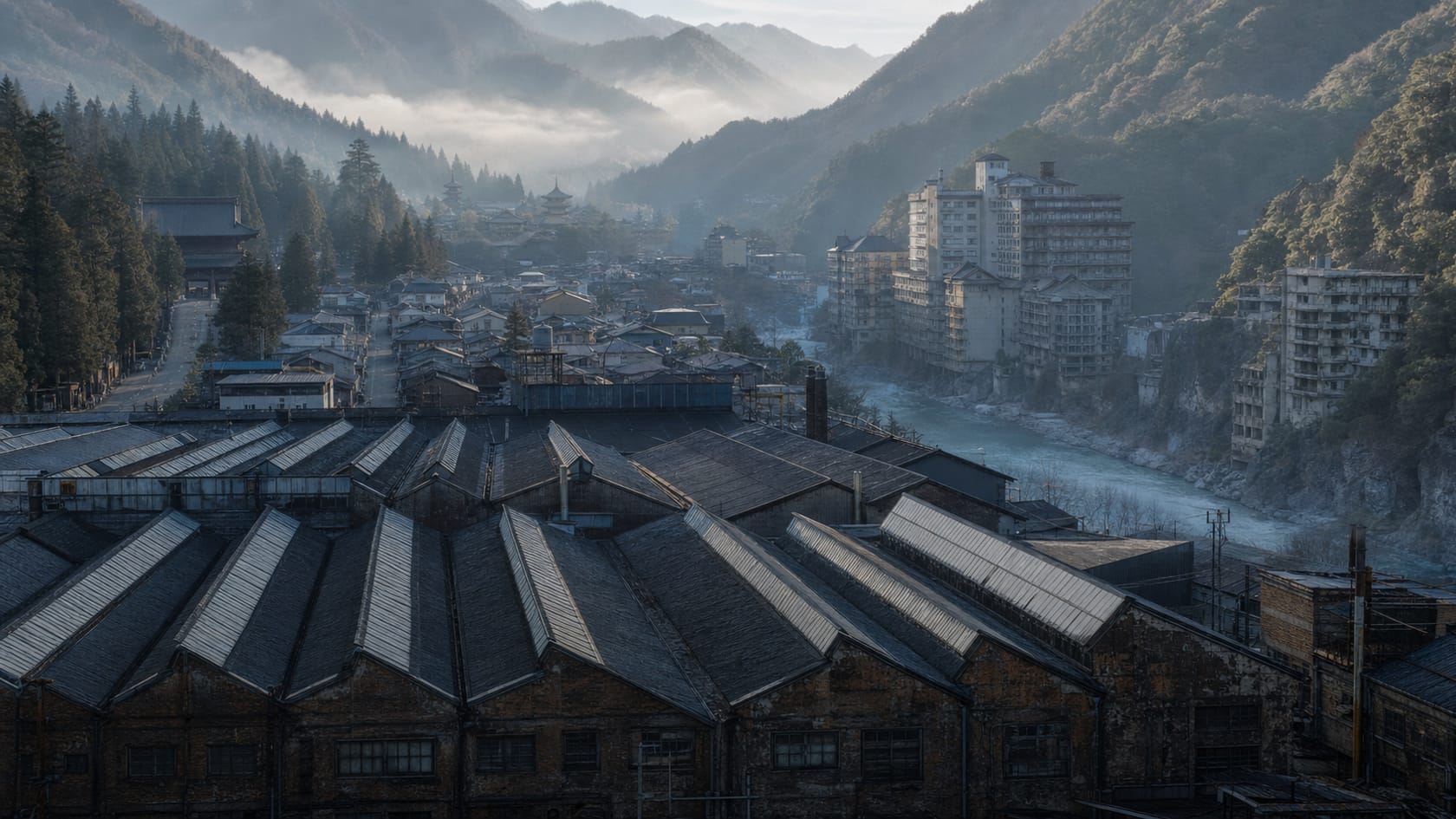 北関東の風景。日光東照宮の門前町、桐生のノコギリ屋根工場、鬼怒川温泉の渓谷が広がる3層レイヤード俯瞰写真。