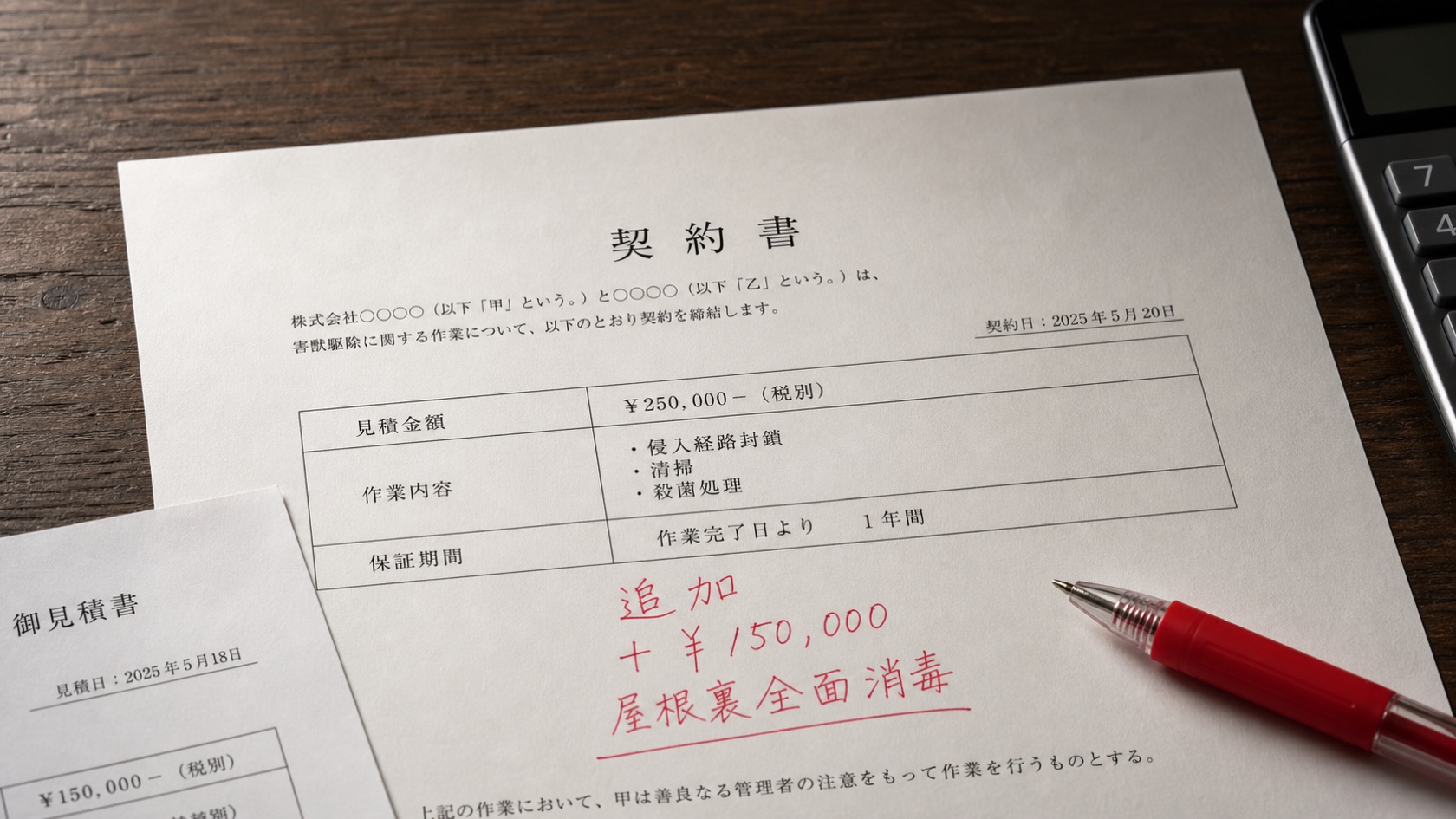 契約書類の上に手書きの赤字で追加項目が書き加えられた書類のクローズアップ。机上にボールペンと一緒に置かれた光景。