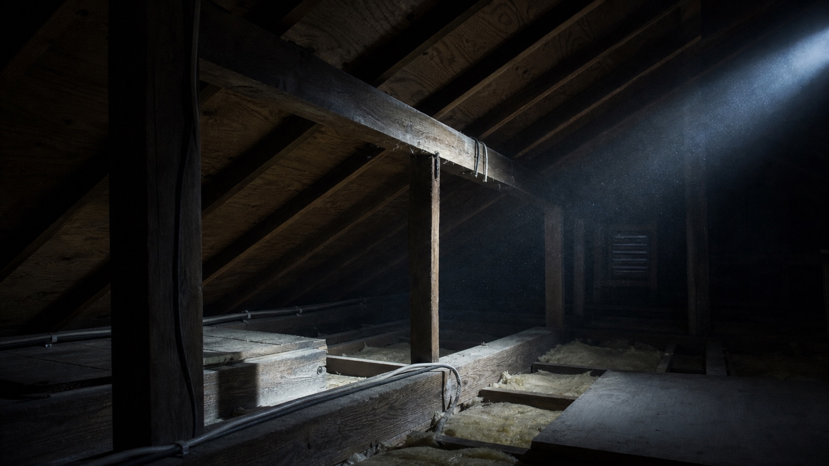 夜の屋根裏空間。木造小屋裏の梁と垂木が並び、懐中電灯の光が一筋差し込むエディトリアル写真。