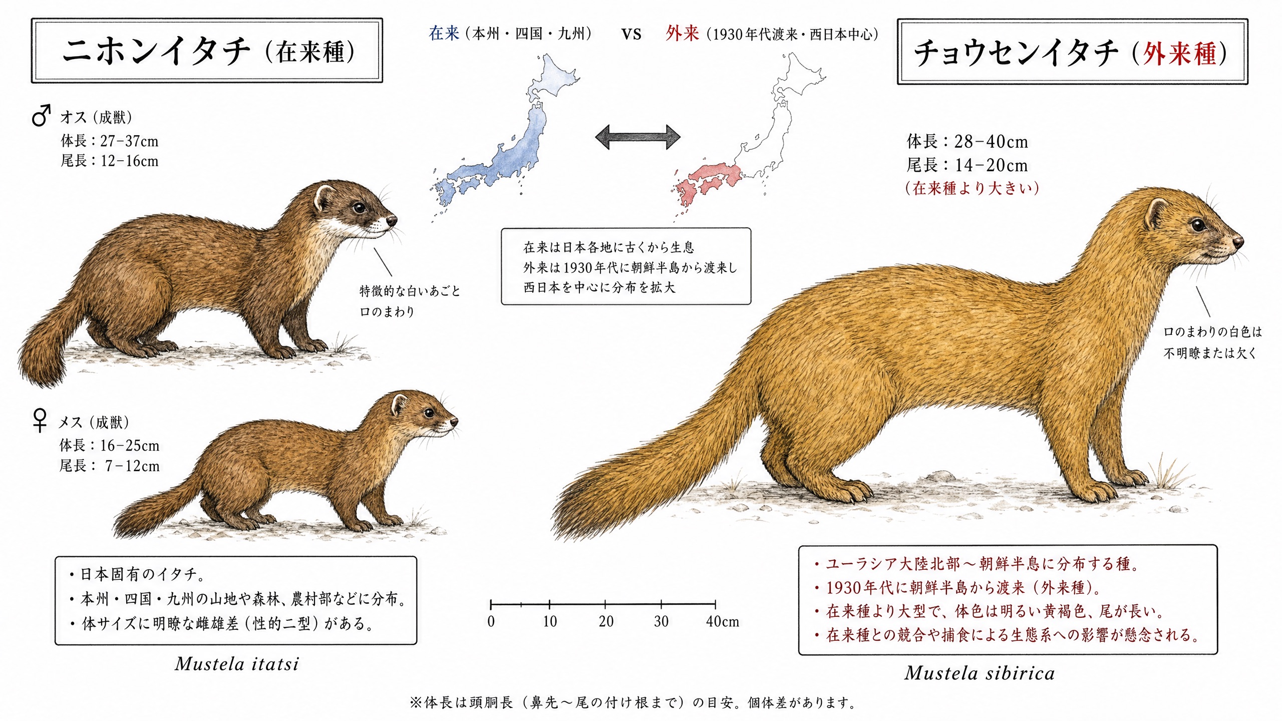 ニホンイタチとチョウセンイタチを並べて示すイラスト。ニホンイタチは在来種で自然分布は本州・四国・九州と周辺島しょ（北海道などには移入分布）、チョウセンイタチは昭和初期（1930年頃）に毛皮獣として導入された外来種で西日本市街地に定着。