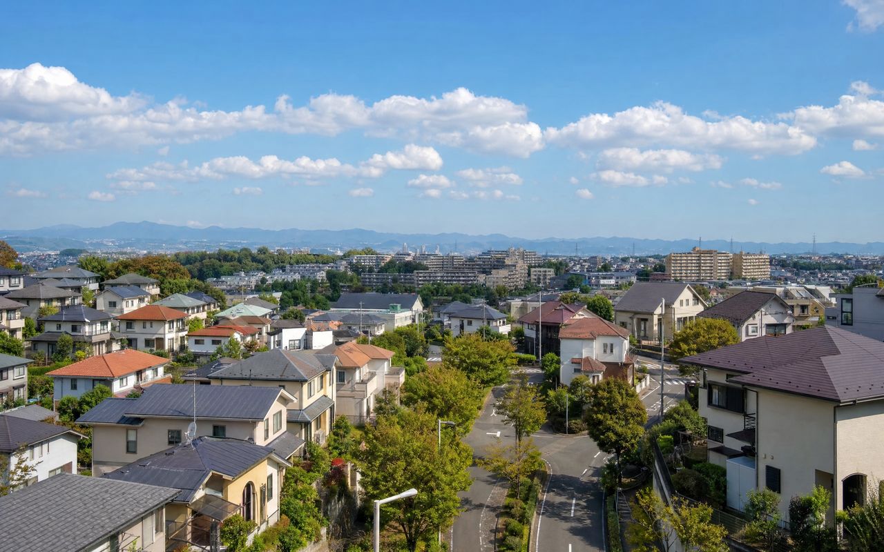 横浜市青葉区たまプラーザの丘陵地ニュータウン。整備された戸建て住宅と緑地が連なる街並み写真。
