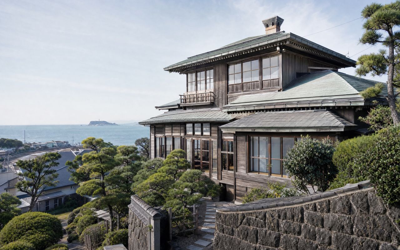 湘南・葉山の別荘建築。海を臨む高台に建つ和洋折衷の木造邸宅と松の庭の写真。