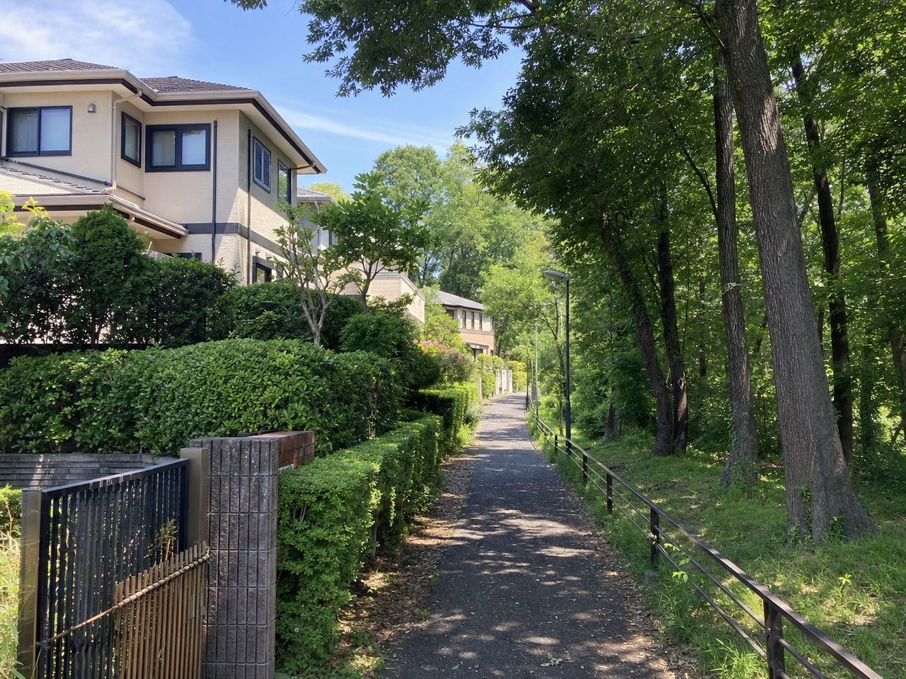 横浜市青葉区たまプラーザ周辺の戸建て住宅地。緑豊かな丘陵地と整備された戸建てが並ぶ街並み写真。