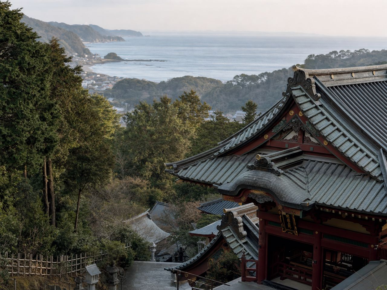 鎌倉・三浦半島の風景。古都鎌倉の寺社と自然林、奥に三浦半島の海岸線が見える俯瞰写真。