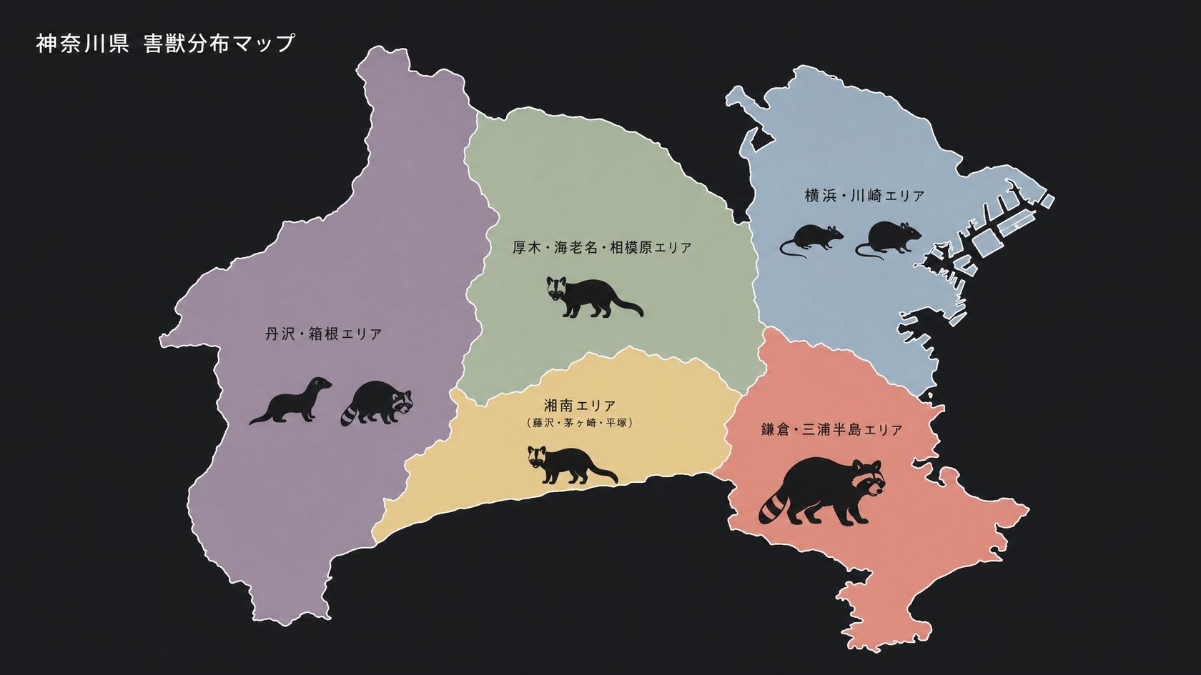 神奈川県の害獣分布マップ。横浜・川崎都市部、県央、鎌倉・三浦半島、湘南、丹沢・箱根のエリア別に多い害獣を色分けで示したイラストレーション。
