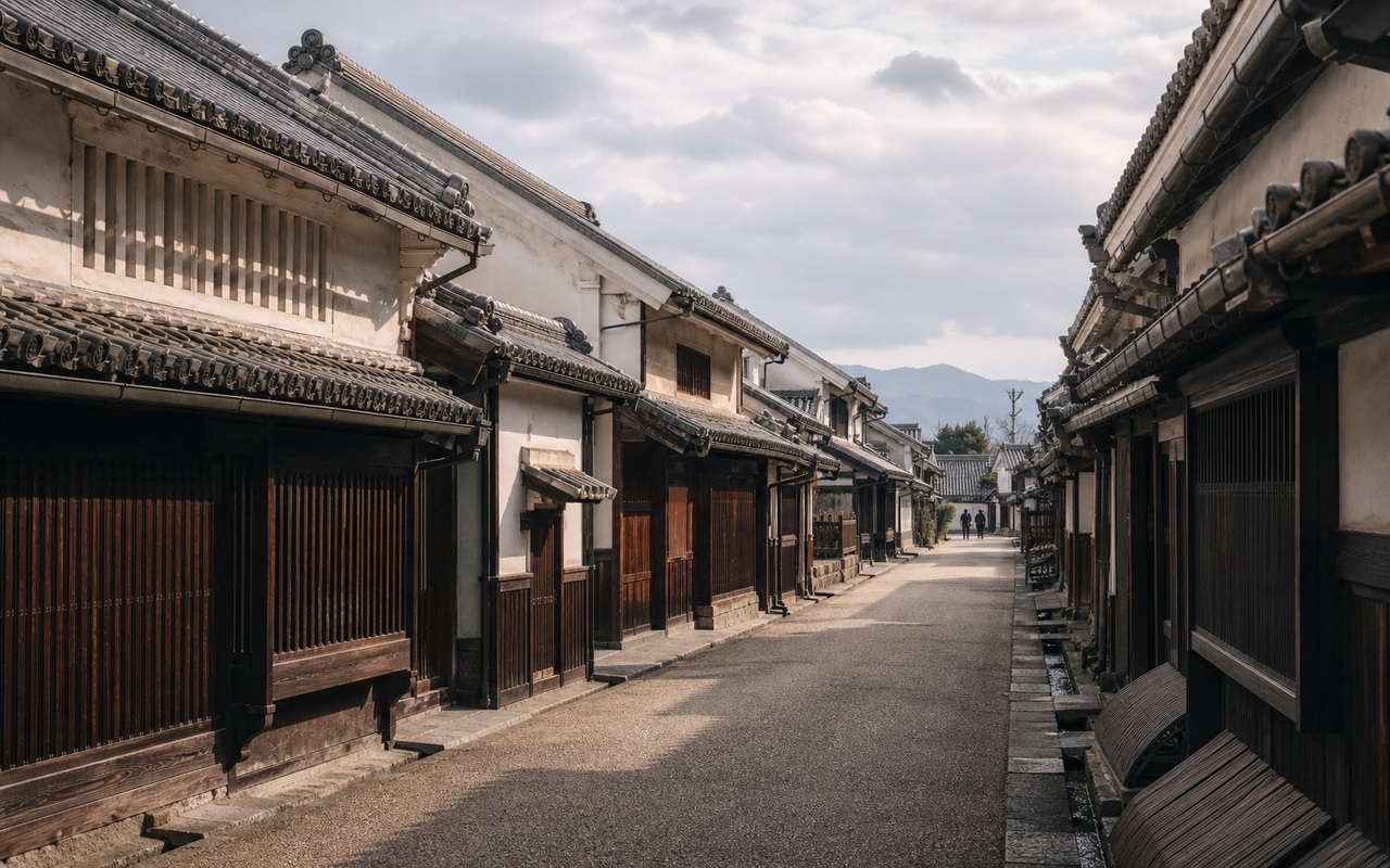 奈良・今井町の伝統町家。江戸時代から続く木造町家の通りと町並みの写真。