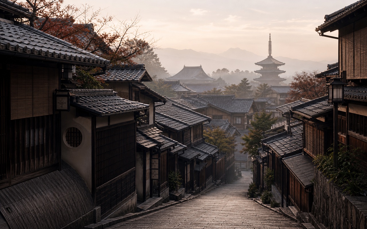 京都の町家と寺社の町並み。瓦屋根・漆喰壁・格子戸の伝統建築が連なる写真。