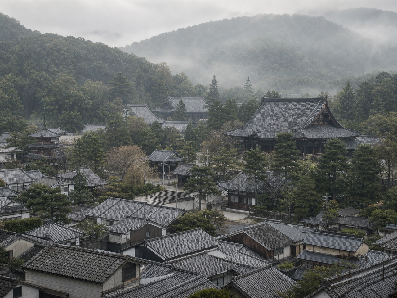京都市内の寺社と町家エリア。東山と清水寺周辺の伝統建築の俯瞰写真。