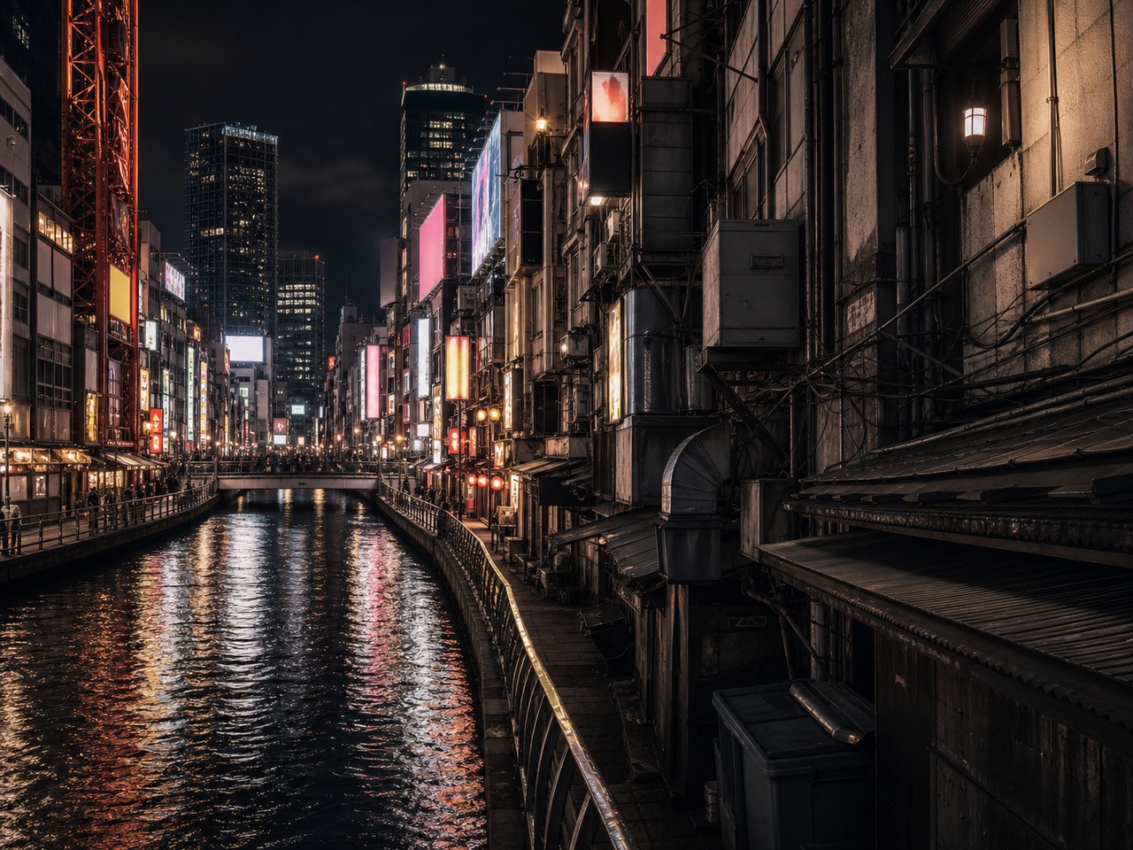大阪・道頓堀と難波の繁華街。看板と古いビル群が密集する夜景写真。