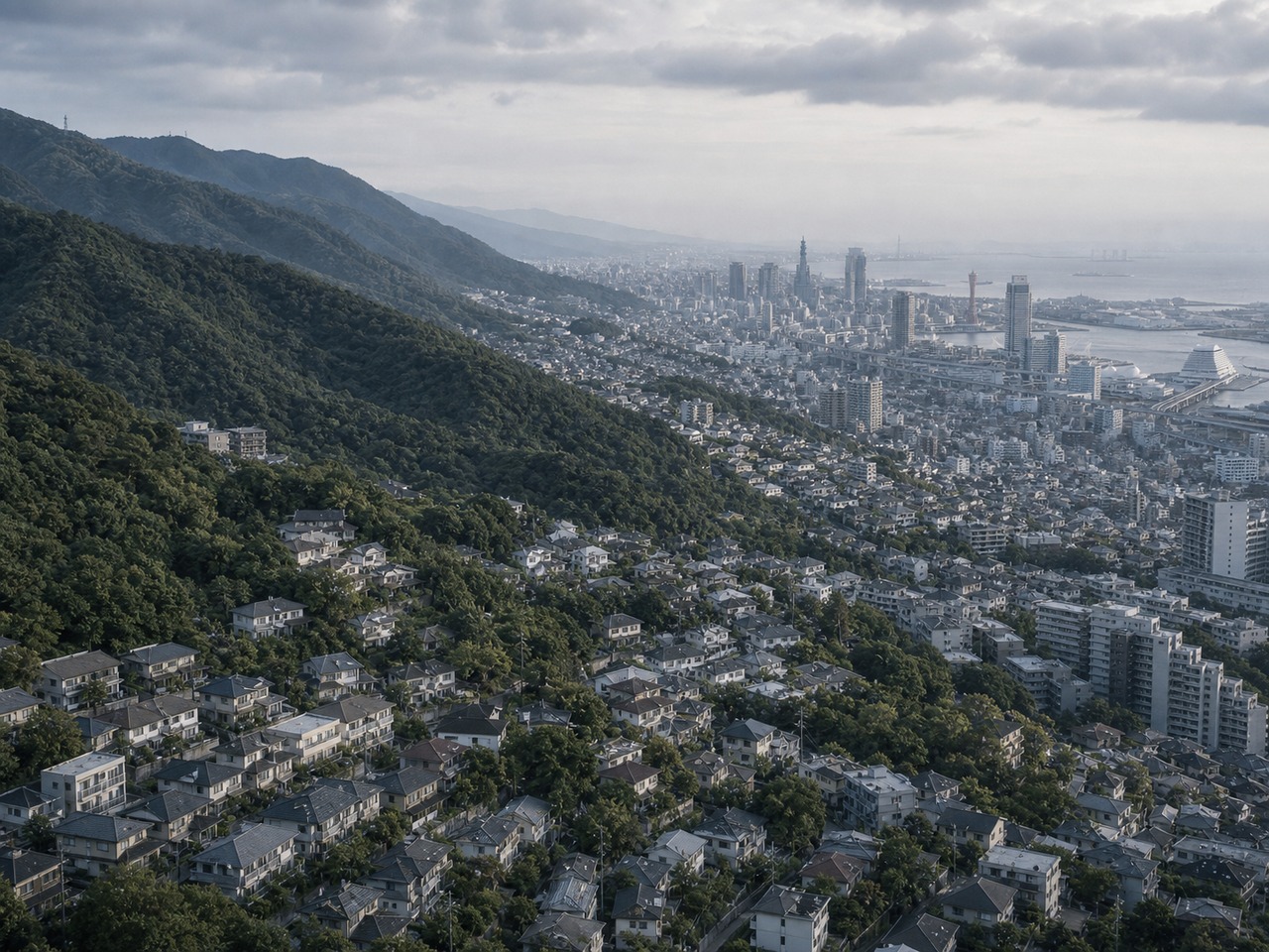 神戸六甲山系南側の住宅地。東灘・灘・中央区から六甲山を望む俯瞰写真。