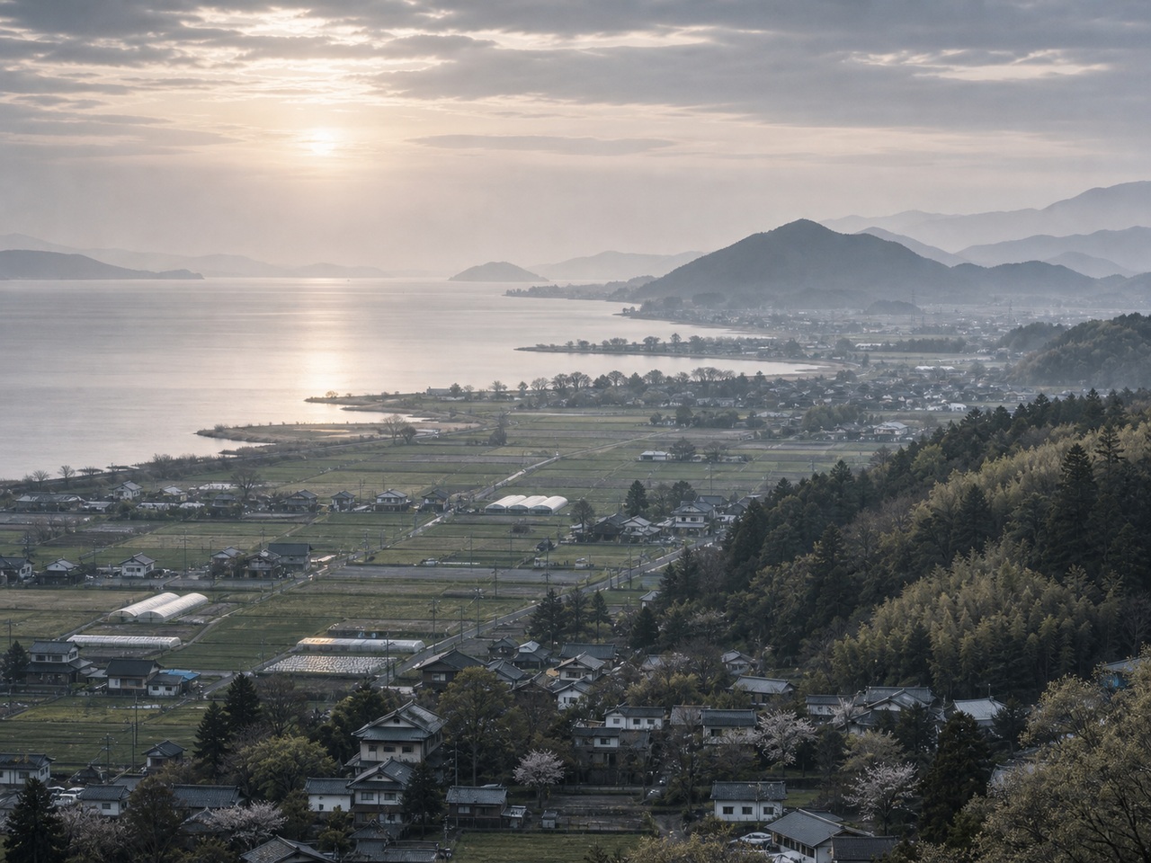 滋賀・琵琶湖東岸の里山住宅地。琵琶湖と里山に囲まれた集落の俯瞰写真。