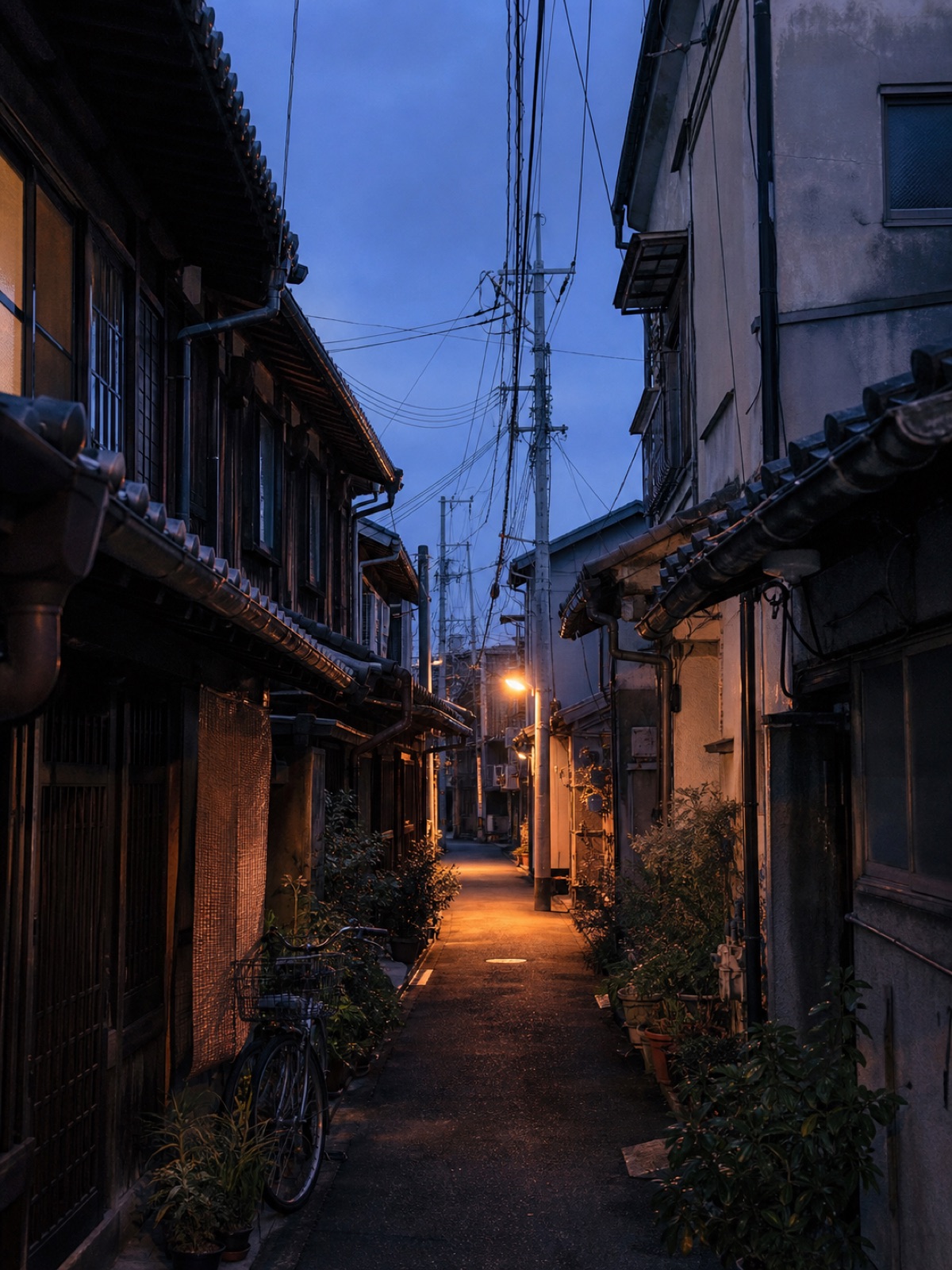 大阪府守口市・京阪沿線の古い住宅街の夕景。長屋・町家が連なる路地に街灯が灯り始める時間帯の縦構図エディトリアル写真。