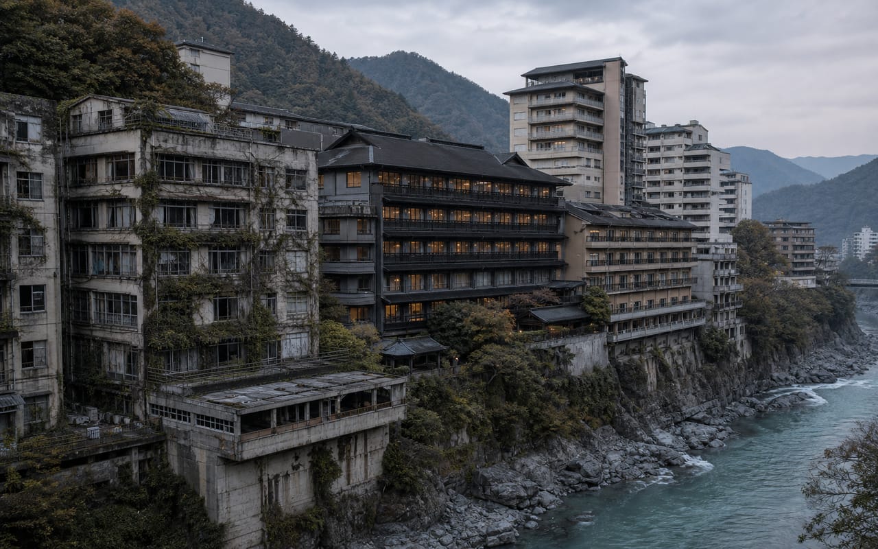 鬼怒川温泉の廃墟ホテル群。鬼怒川渓谷沿いに連なる解体されないまま放置された大型ホテルの写真。