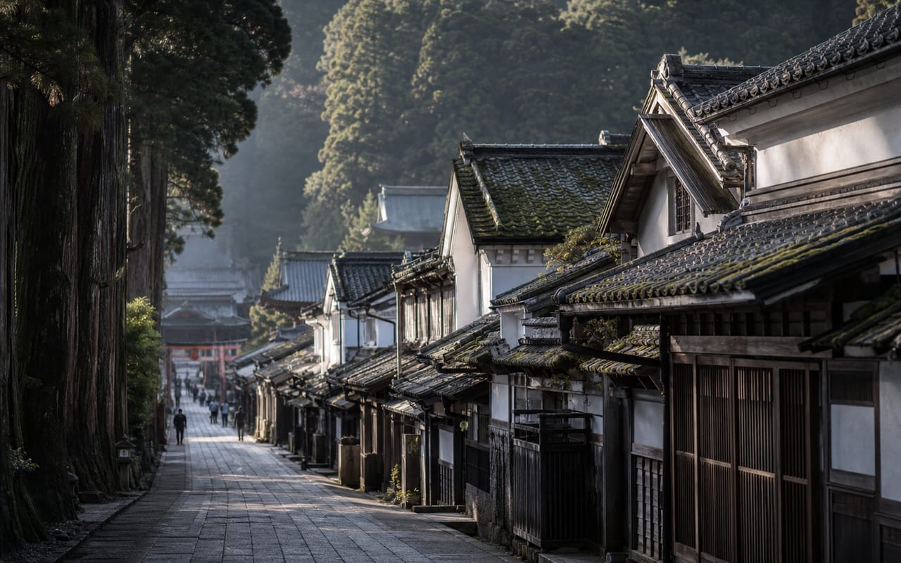 日光東照宮の門前町。江戸時代の木造伝統建築と参道沿いの商家が連なる町並みの写真。
