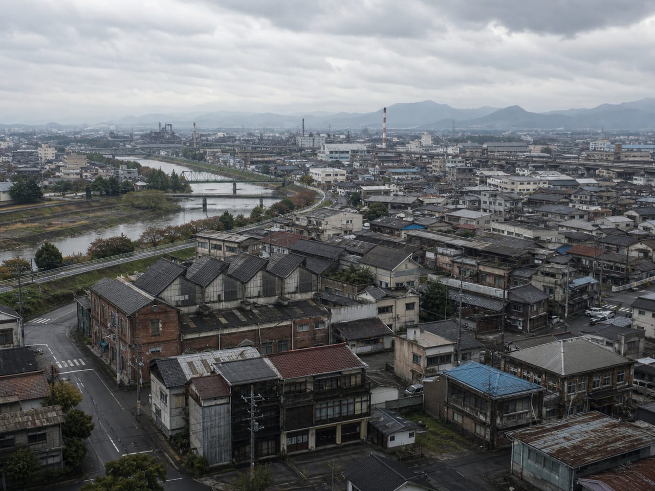 桐生・足利・太田・伊勢崎の両毛工業帯。古い繊維工場と密集木造商店街が広がる俯瞰写真。
