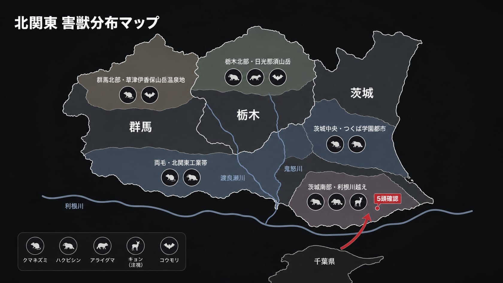 北関東3県の害獣分布マップ。茨城南部、つくば学園都市、栃木北部山岳、群馬北部山岳温泉地、両毛工業帯のエリア別に多い害獣を色分けで示したイラストレーション。キョン茨城北上の矢印含む。