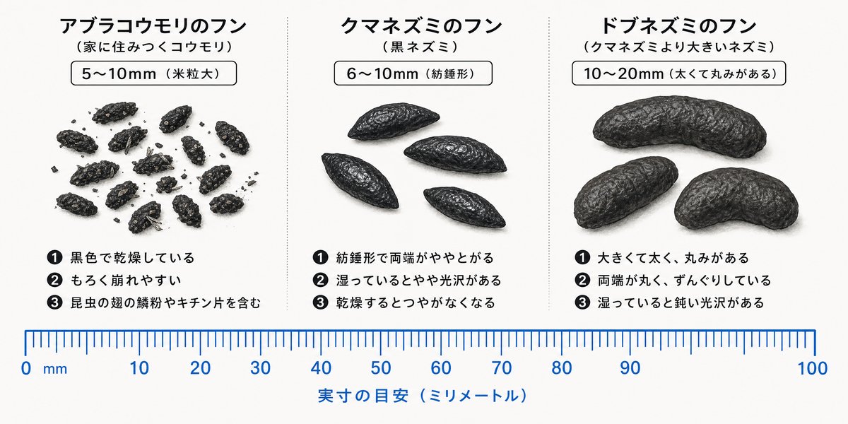 アブラコウモリのフンとクマネズミ・ドブネズミのフンの実寸比較。コウモリのフンは5〜10mmで押すと崩れて粉状になり、昆虫の鱗翅が混じる。