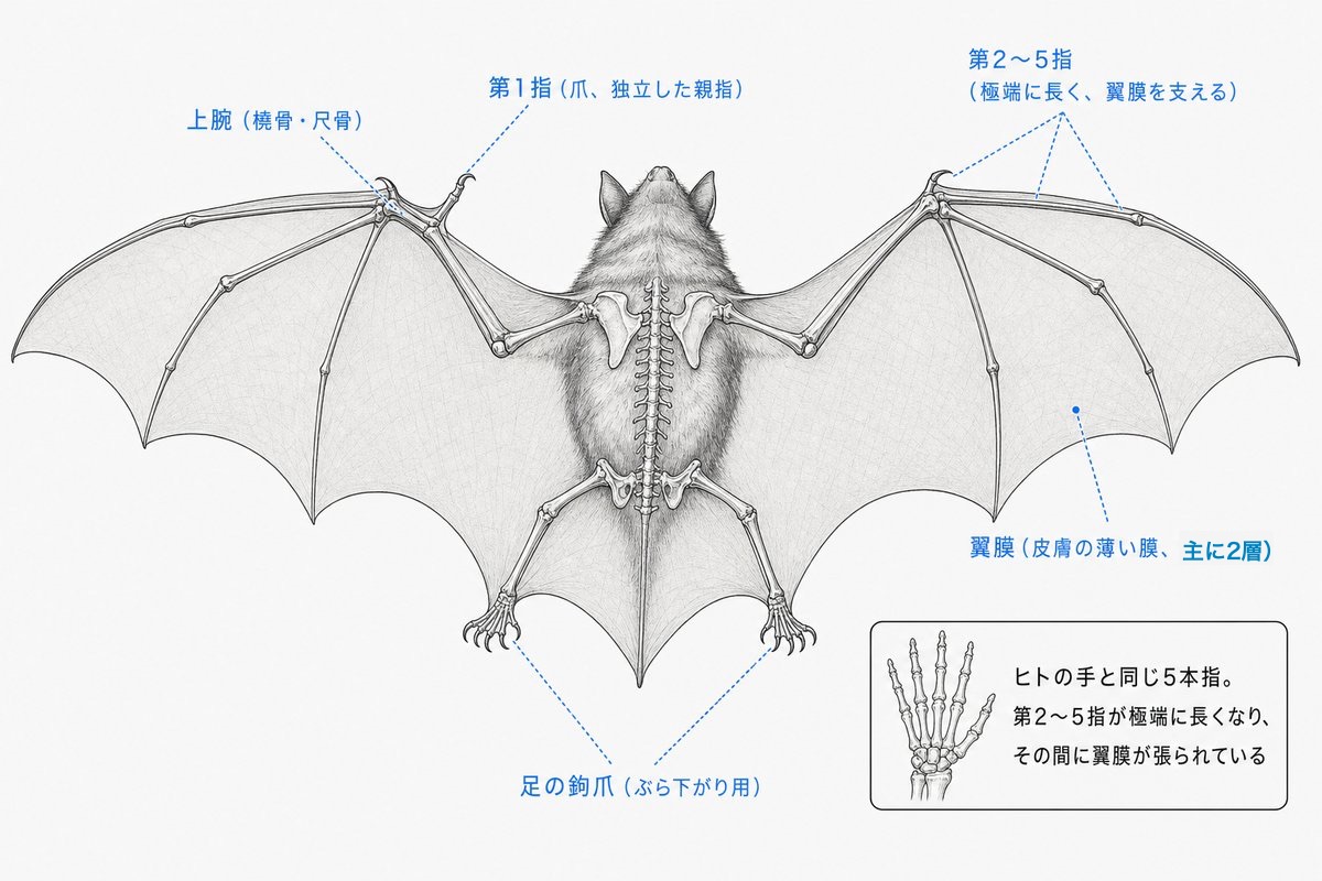 コウモリの翼の骨格と翼膜の構造を示す解剖図。ヒトの手と同じ5本指の構造で、第2〜5指が極端に長く、その間に皮膚の薄い膜が張られている。