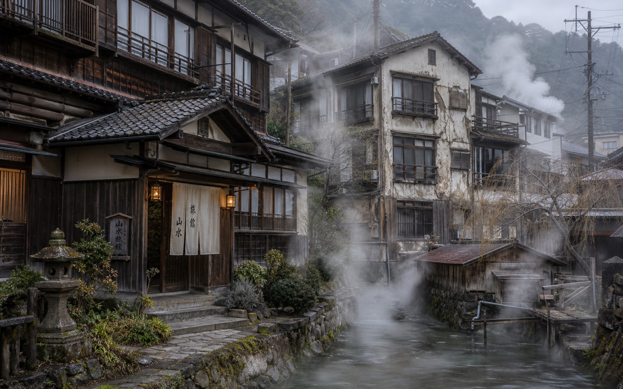 別府・由布院の老朽温泉旅館街。湯気が立ち上る温泉地の木造旅館群の写真。