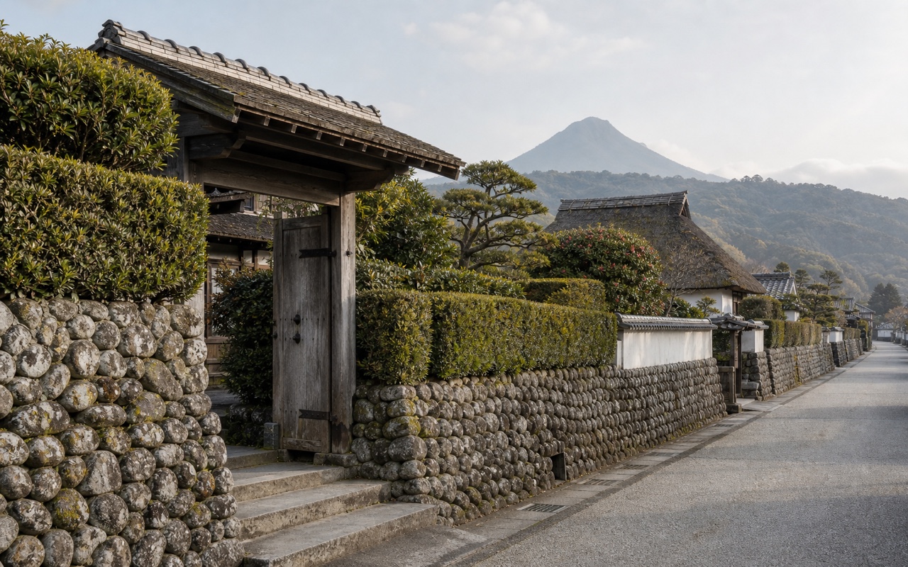 鹿児島・知覧麓武家屋敷群。玉石垣とイヌマキの生垣が連なる伝統的建造物群の写真。