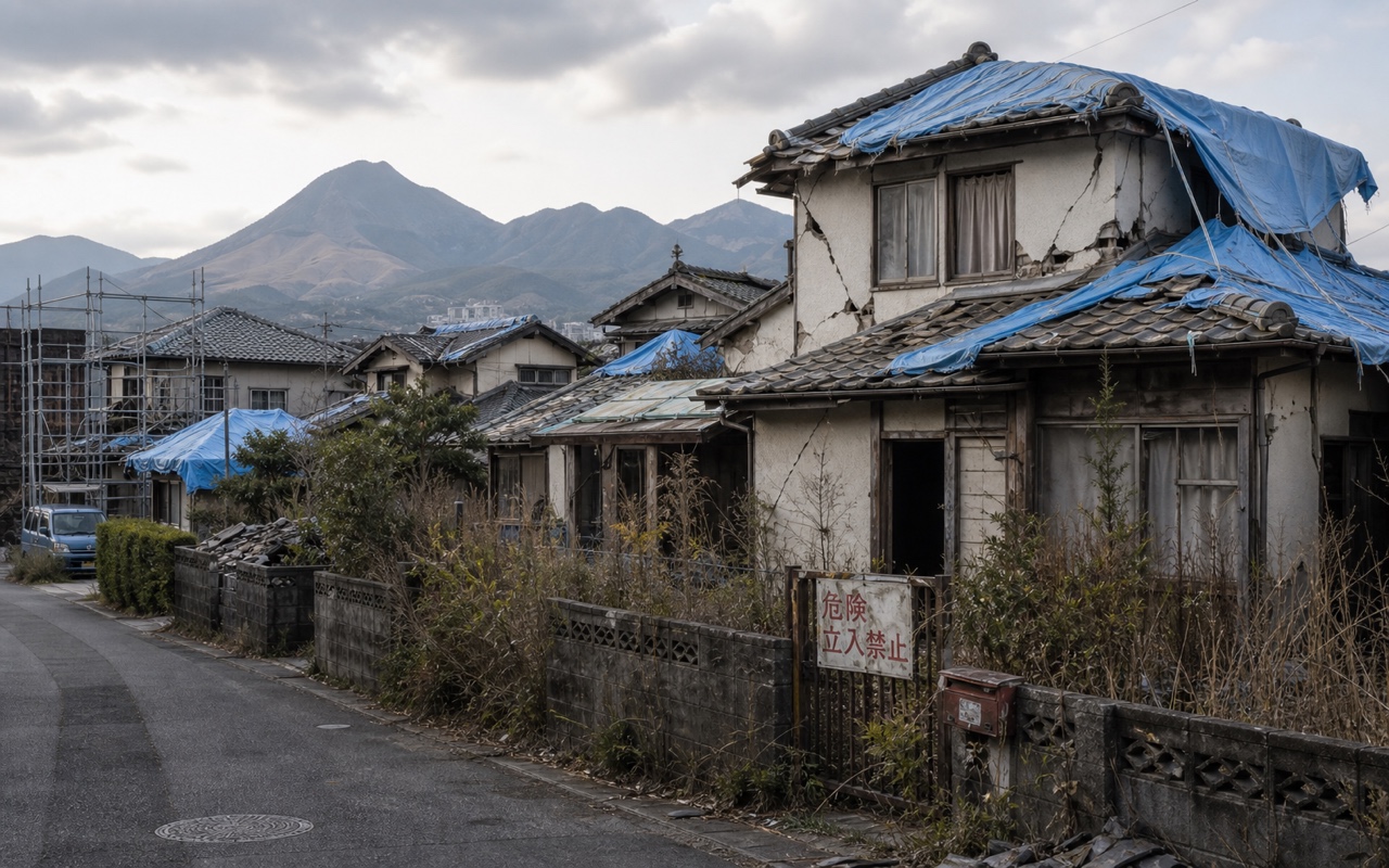 熊本地震2016後の損壊家屋。ブルーシートで覆われた屋根と修繕未完了の空き家の写真。