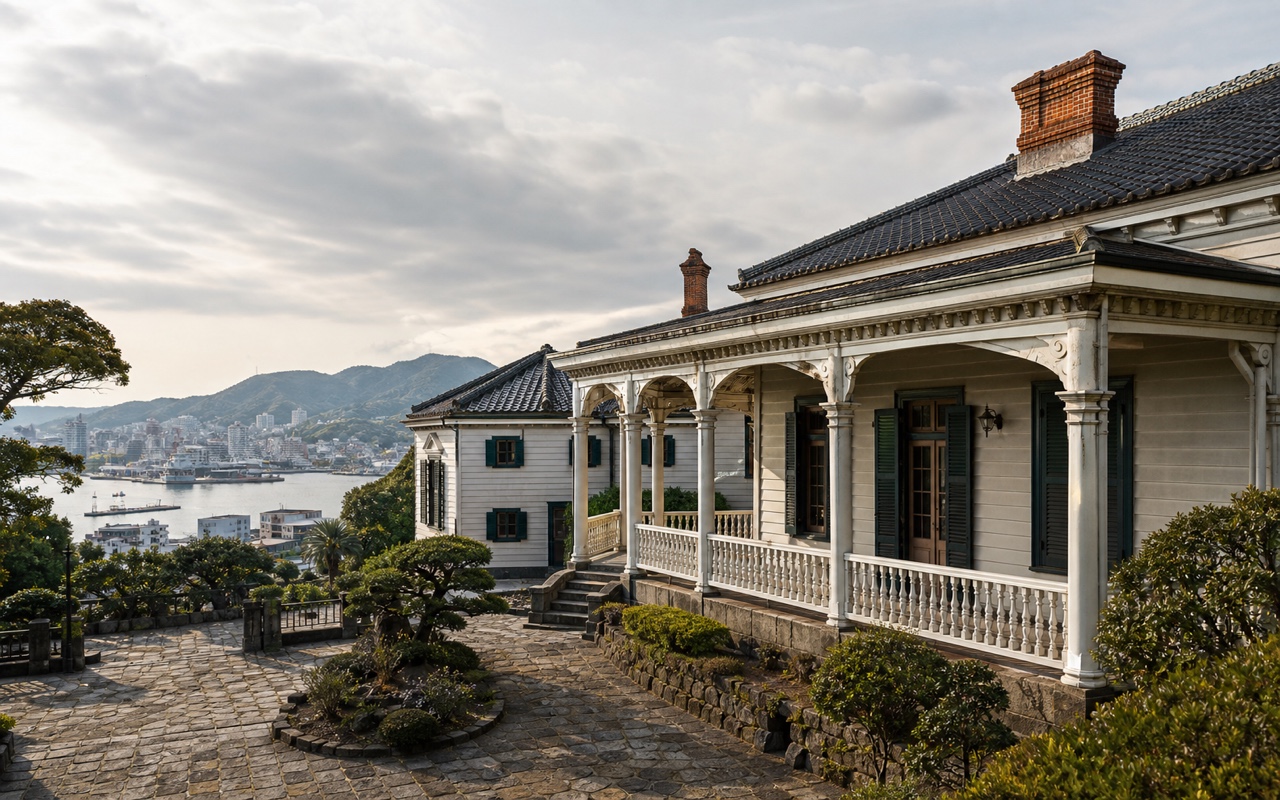 長崎・南山手の異人館街。旧グラバー邸と大浦天主堂を含む木造洋館群の写真。