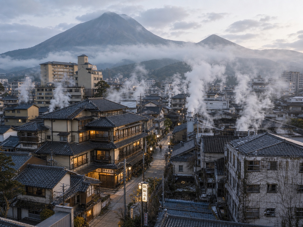 別府・由布院の温泉街と廃旅館群。湯気が立ち上る別府八湯と由布岳を背景にした写真。