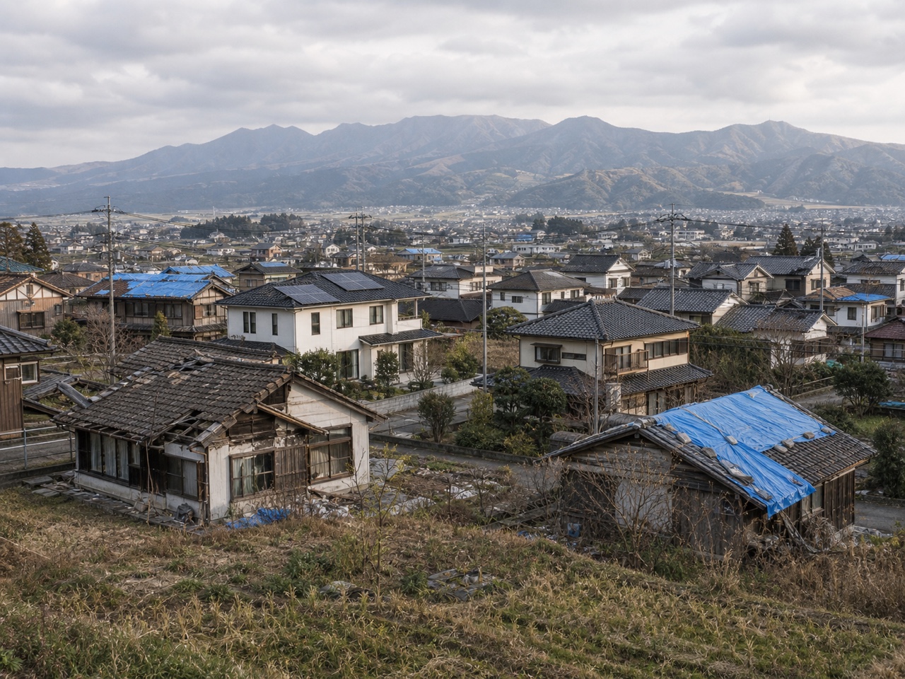 熊本市・益城町・南阿蘇村の地震後住宅街。修繕未完了の空き家と阿蘇五岳を背景にした写真。