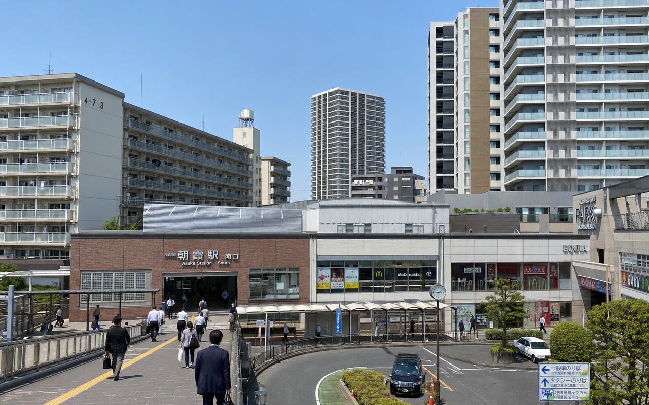 朝霞・志木・新座の東上線沿線。駅前タワーマンションと中層集合住宅が混在するベッドタウンの街並み写真。