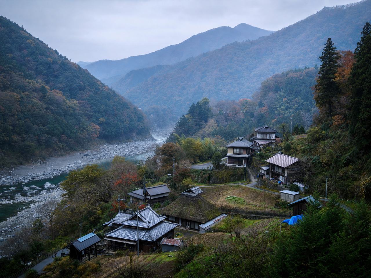 秩父・長瀞の秩父山系。山間の古民家集落と里山が広がる俯瞰写真。