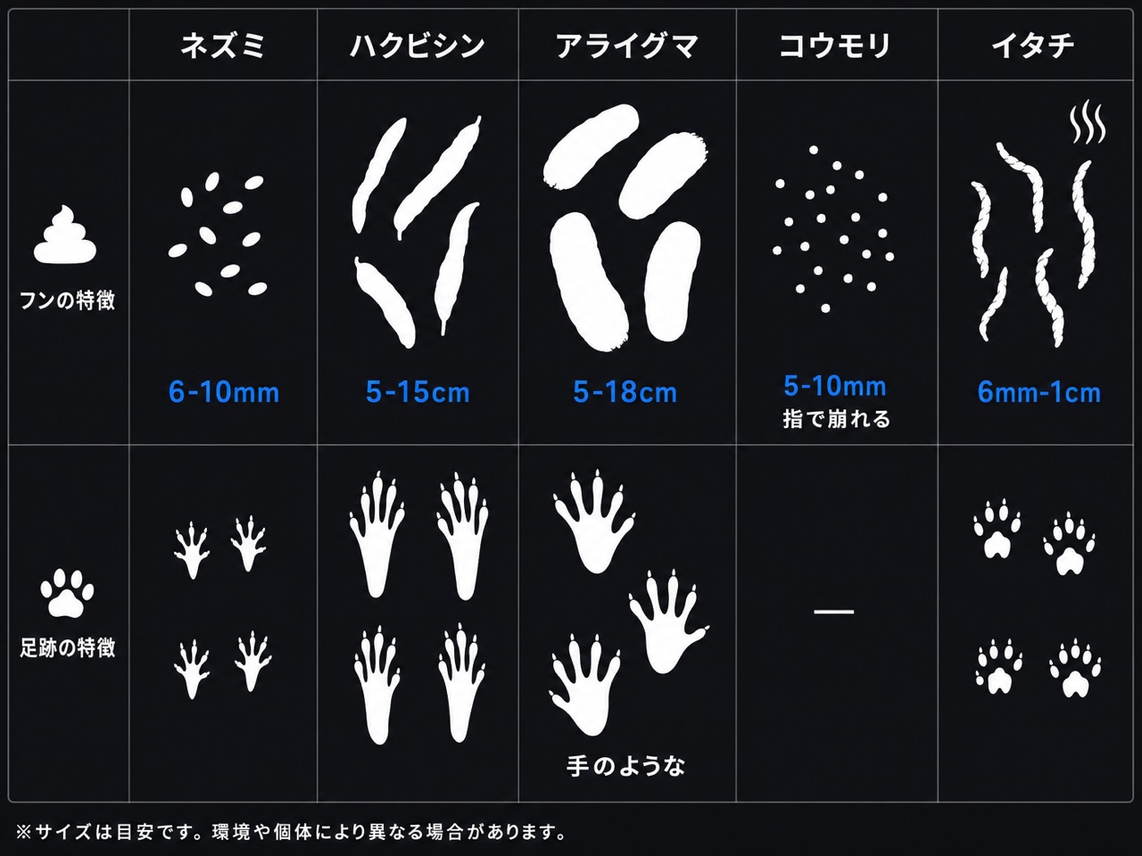 痕跡比較図：糞・足跡・臭いの5パターンをサイズ表示付きで並べる