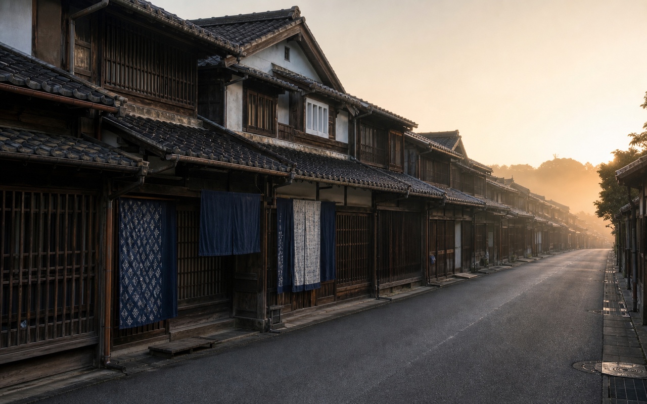 名古屋・有松の重要伝統的建造物群保存地区。東海道沿いに連なる卯建と虫籠窓の伝統建築の町並み写真。