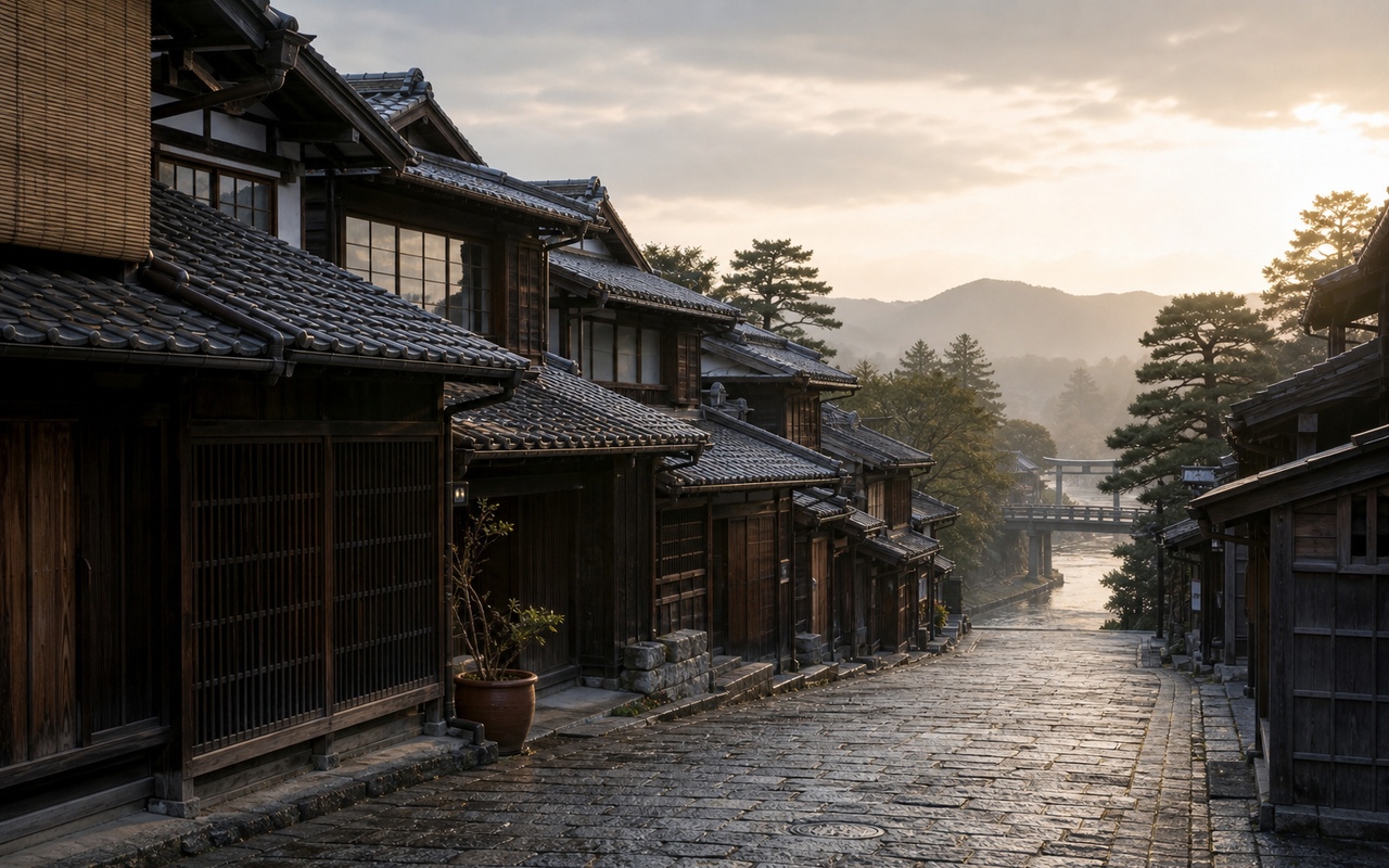 伊勢神宮おはらい町の石畳と木造町家。伊勢路の伝統建築が連なる写真。
