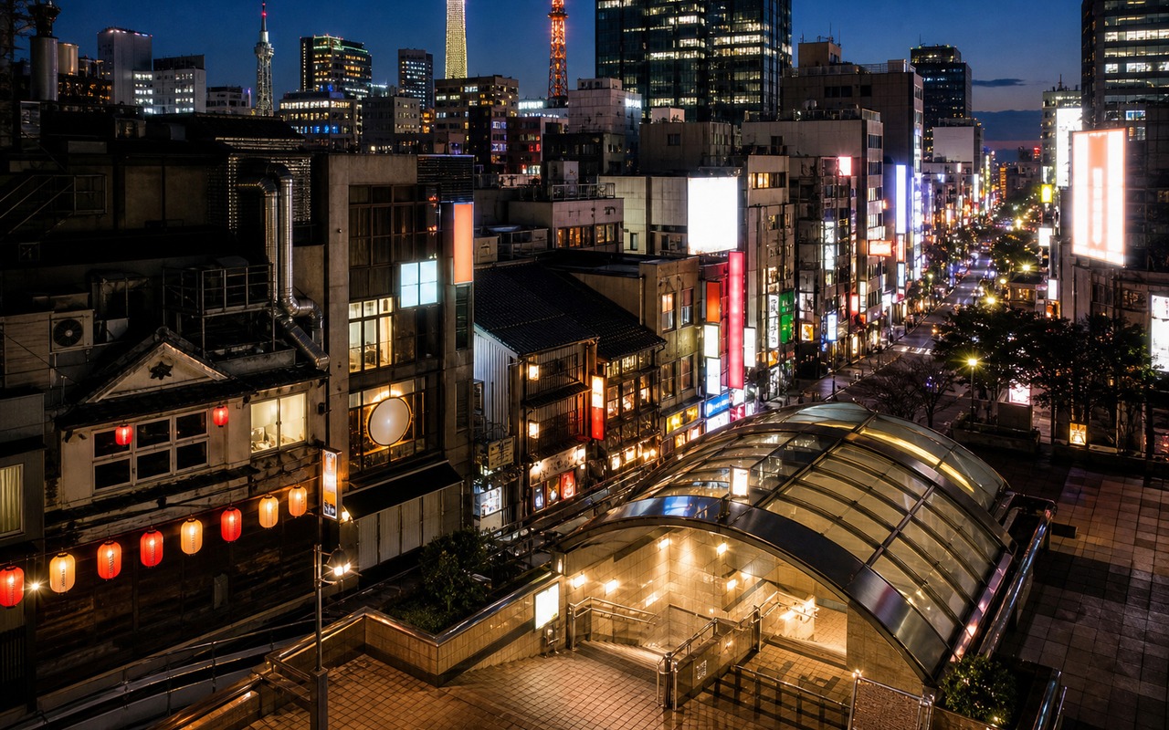 名古屋・栄と錦三丁目の繁華街。ネオン・看板と密集する商業ビルの夜景写真。