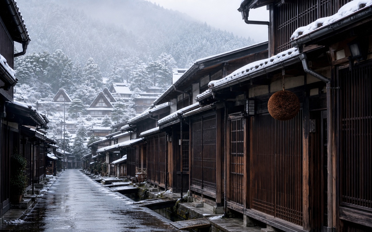 飛騨高山の三町と白川郷合掌造り集落。江戸時代の城下町と世界遺産の合掌屋根が並ぶ俯瞰写真。