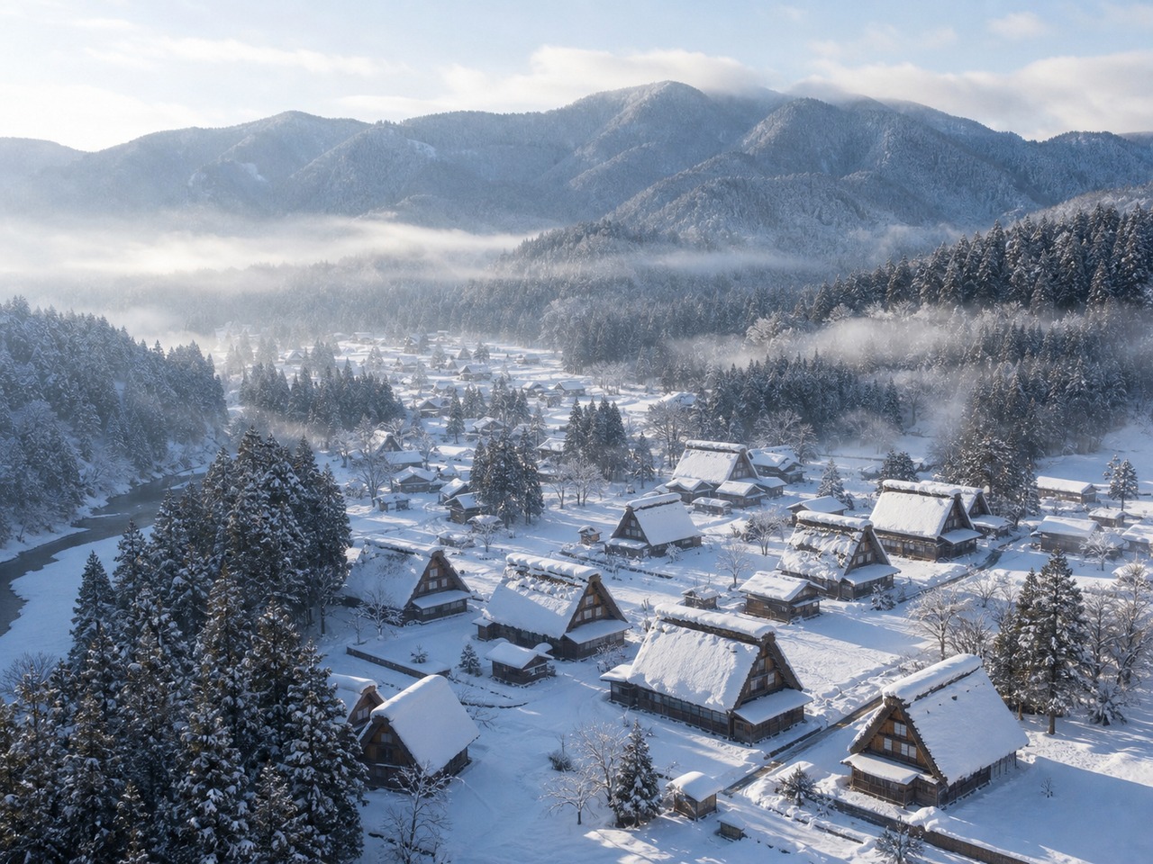 飛騨高山の山間部と合掌造り集落。冬の雪景色と伝統的な茅葺屋根の写真。