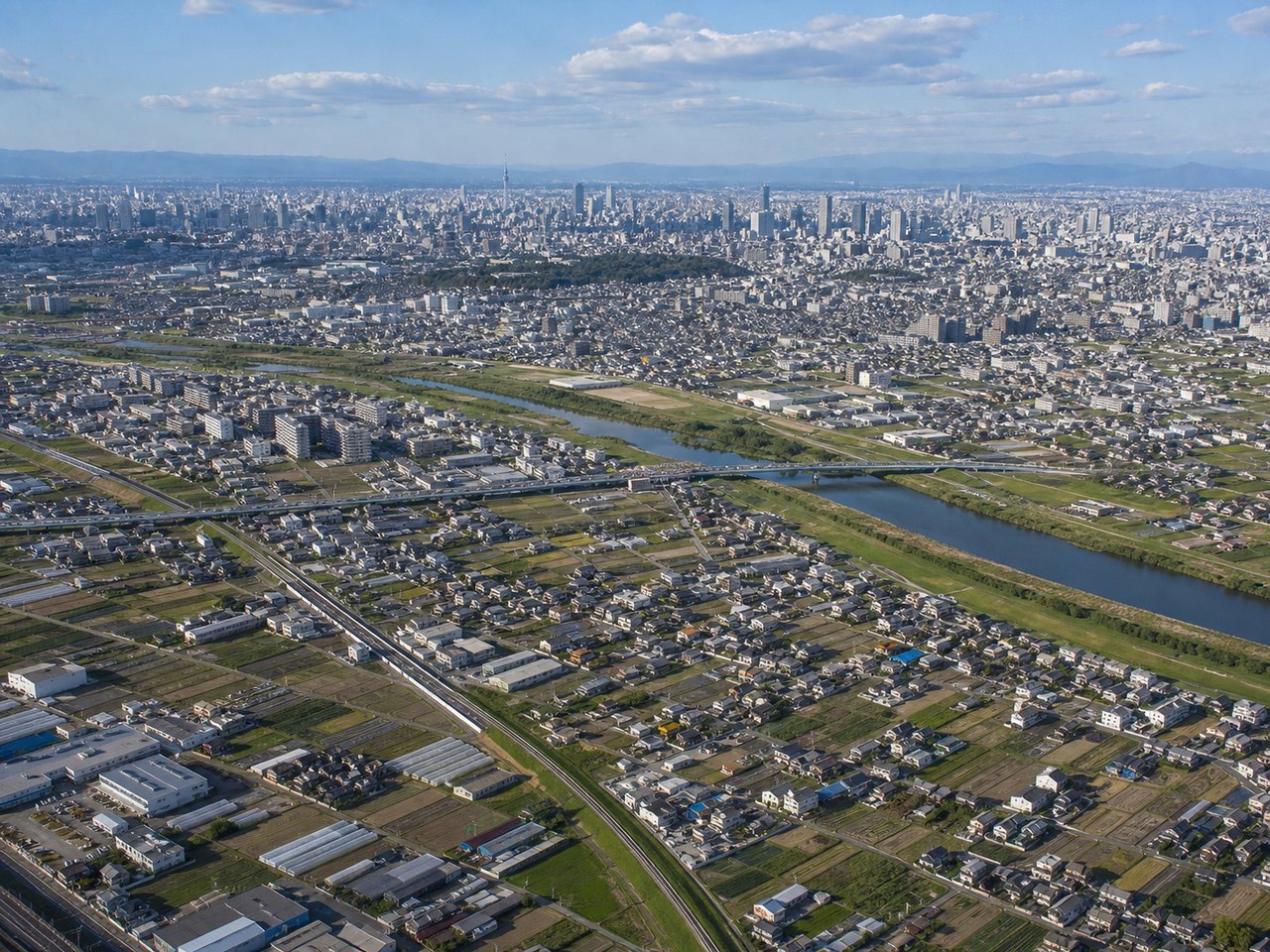 名古屋市と尾張平野の住宅地。名古屋市街地と周辺市町の俯瞰写真。