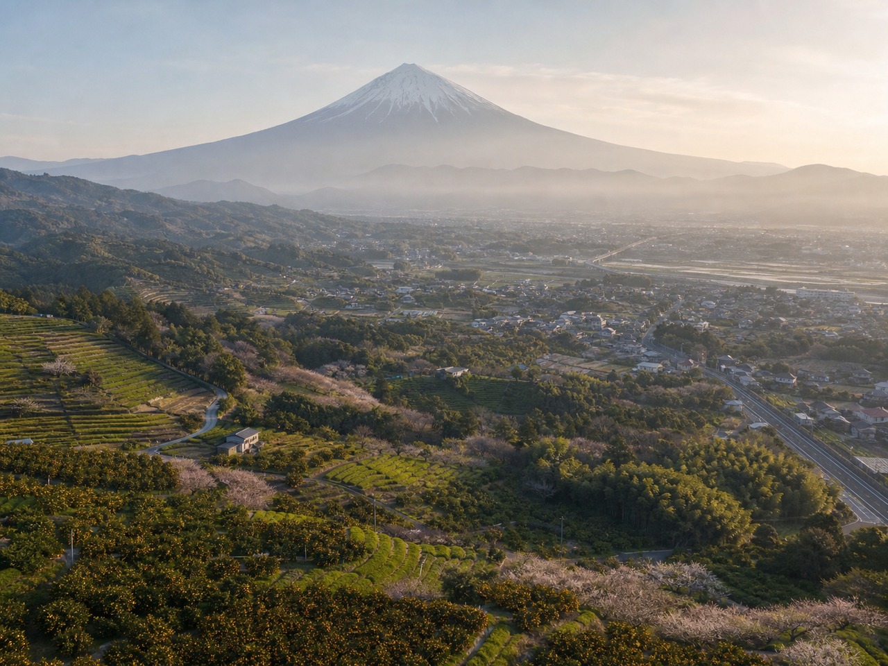 静岡県の果樹被害エリア。富士山を背景にミカン畑と果樹園が広がる俯瞰写真。