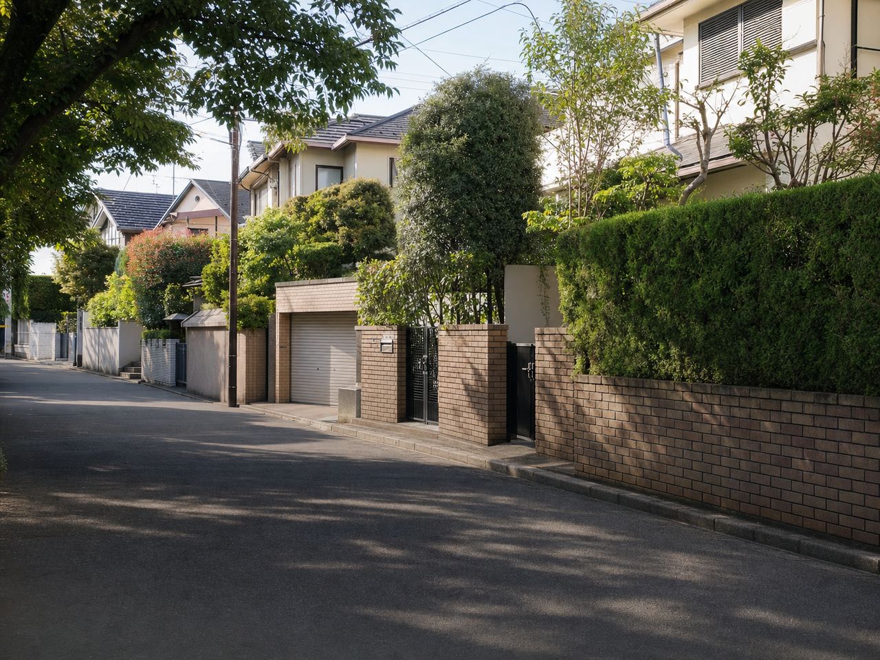 東京西部住宅地。世田谷・杉並・練馬の戸建て住宅地と緑のある庭先が見える街並み写真。