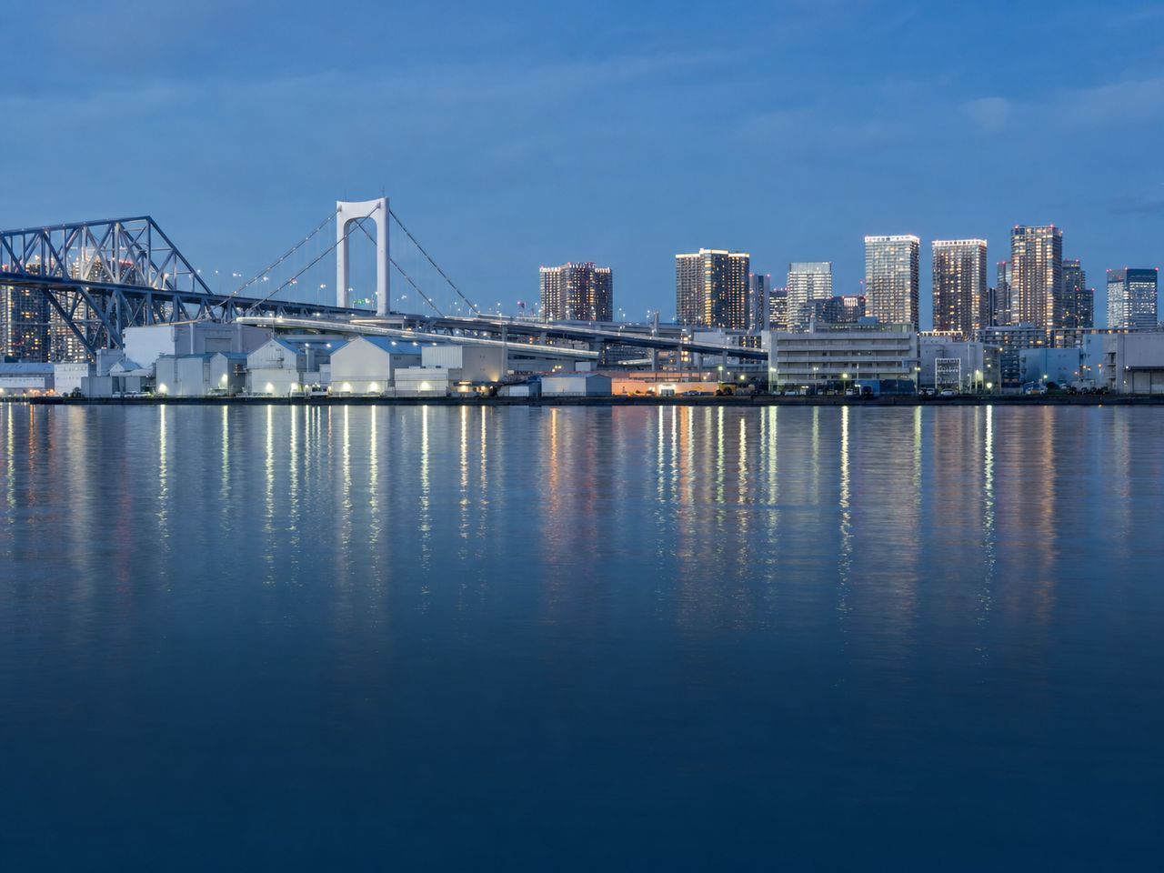 東京の湾岸エリア。豊洲・大田区の再開発地域と港湾倉庫が見える俯瞰写真。